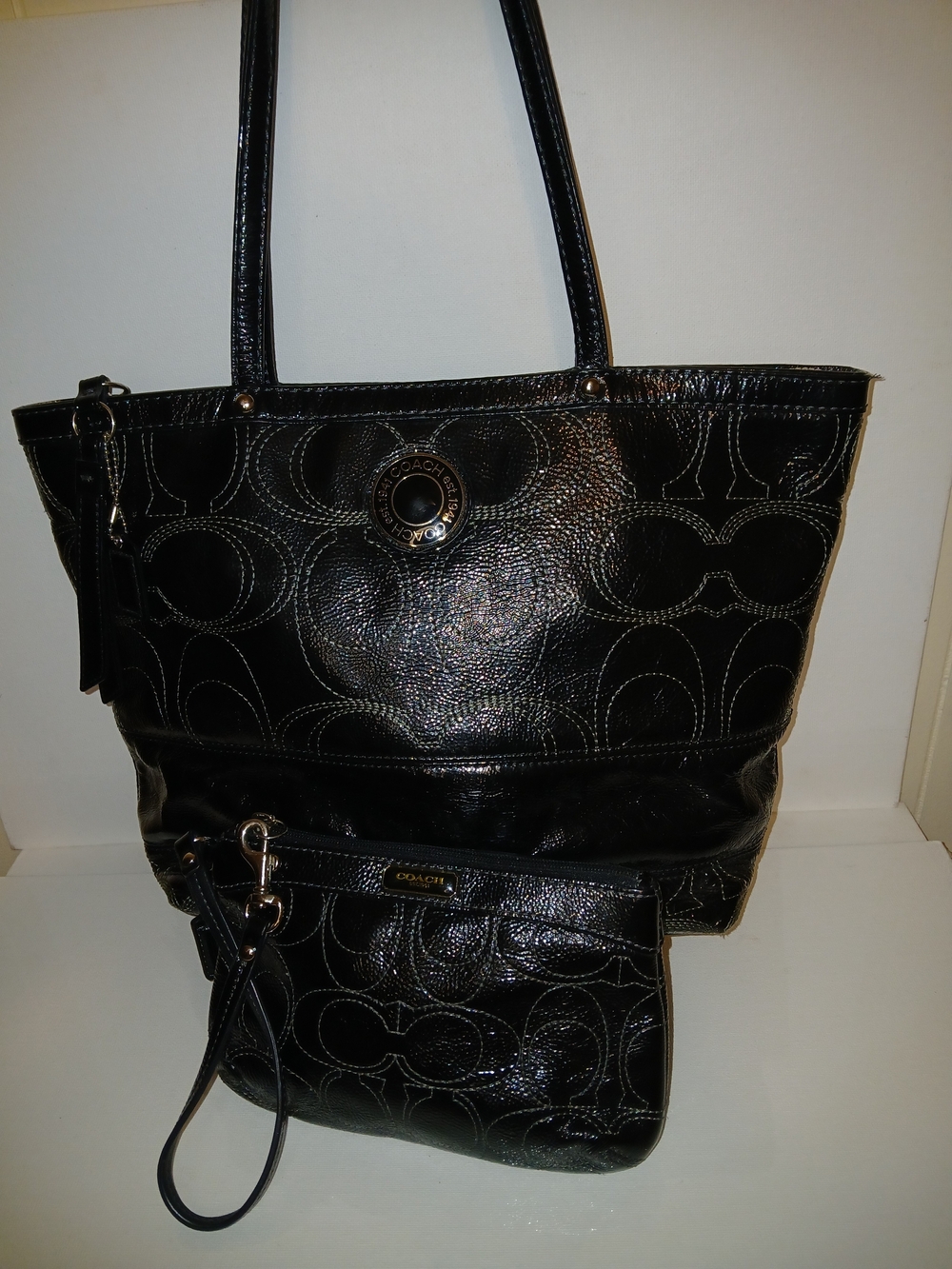 Coach Black Patent Leather Signature Tote with Matching Wristlet Pouch